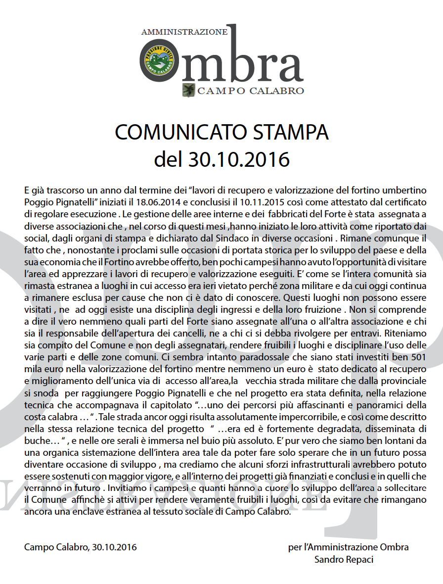 20161030 comunicato stampa